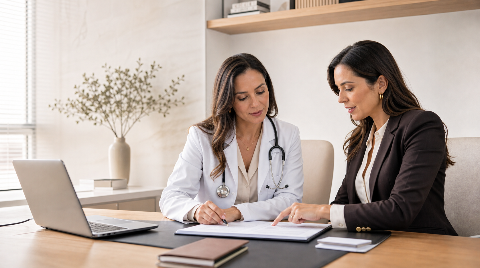 Médica e advogada analisando documentos em consultório moderno